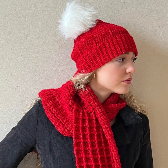 Hand-Crocheted Red Winter Beanie Hat & Waffle-Stitch Scarf Set - Picture 3 of 13